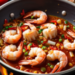 A vibrant close-up photo of a delicious shrimp shell sauce simmering in a wok, with colorful spices like garlic, shallots, chili, and lemongrass visible. Focus on the rich, umami color and texture of the sauce, highlighting its potential for seafood pasta and fried rice dishes.