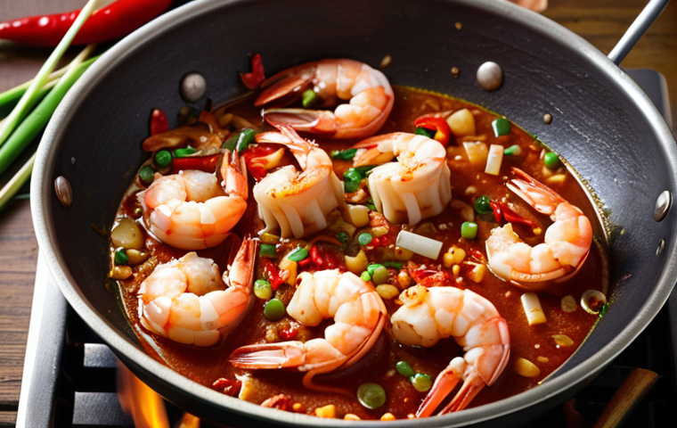 A vibrant close-up photo of a delicious shrimp shell sauce simmering in a wok, with colorful spices like garlic, shallots, chili, and lemongrass visible. Focus on the rich, umami color and texture of the sauce, highlighting its potential for seafood pasta and fried rice dishes.