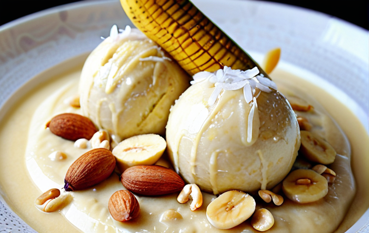 **Image Prompt:** Close-up of a vibrant Vietnamese fresh coconut banana ice cream dessert. Focus on the textures of sliced banana, creamy coconut milk, crushed peanuts, and perhaps a drizzle of condensed milk. Capture a sense of refreshing indulgence and summer treat appeal. (Keywords: *kem chuoi dua tuoi, Vietnamese dessert, coconut, banana, ice cream, street food, summer*)